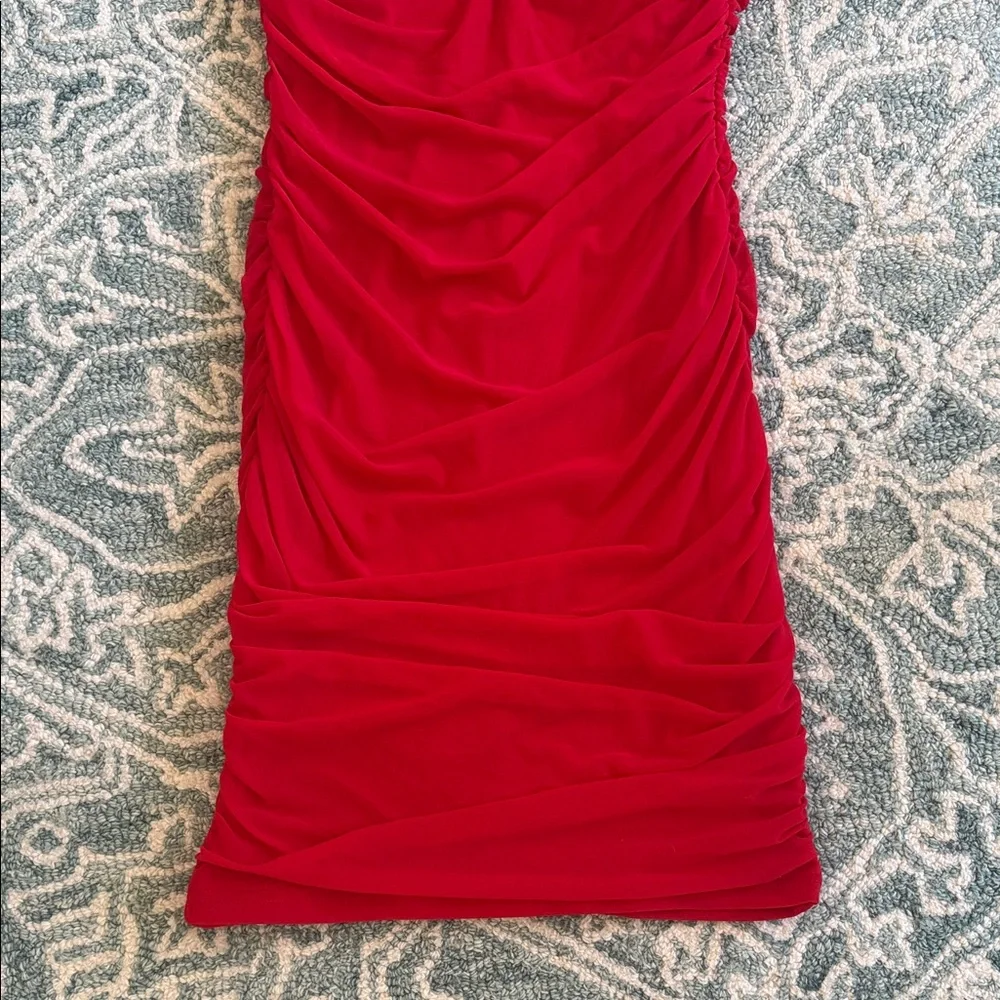 Fitted Red Ruched Mini Dress - Picture 8 of 15